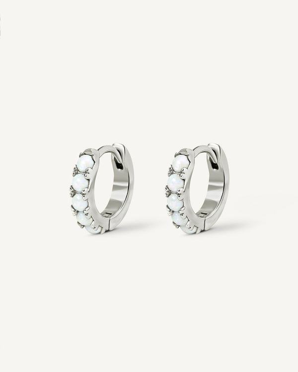 Sterling Silver White And Blue Opal Huggie Hoops By Silver Rain Silver Sterling Silver White And Blue Opal Huggie Hoops By Silver Rain Silver